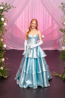 Load image into Gallery viewer, Sky Blue Ruffled A Line Sweetheart Long Corset Prom Dress