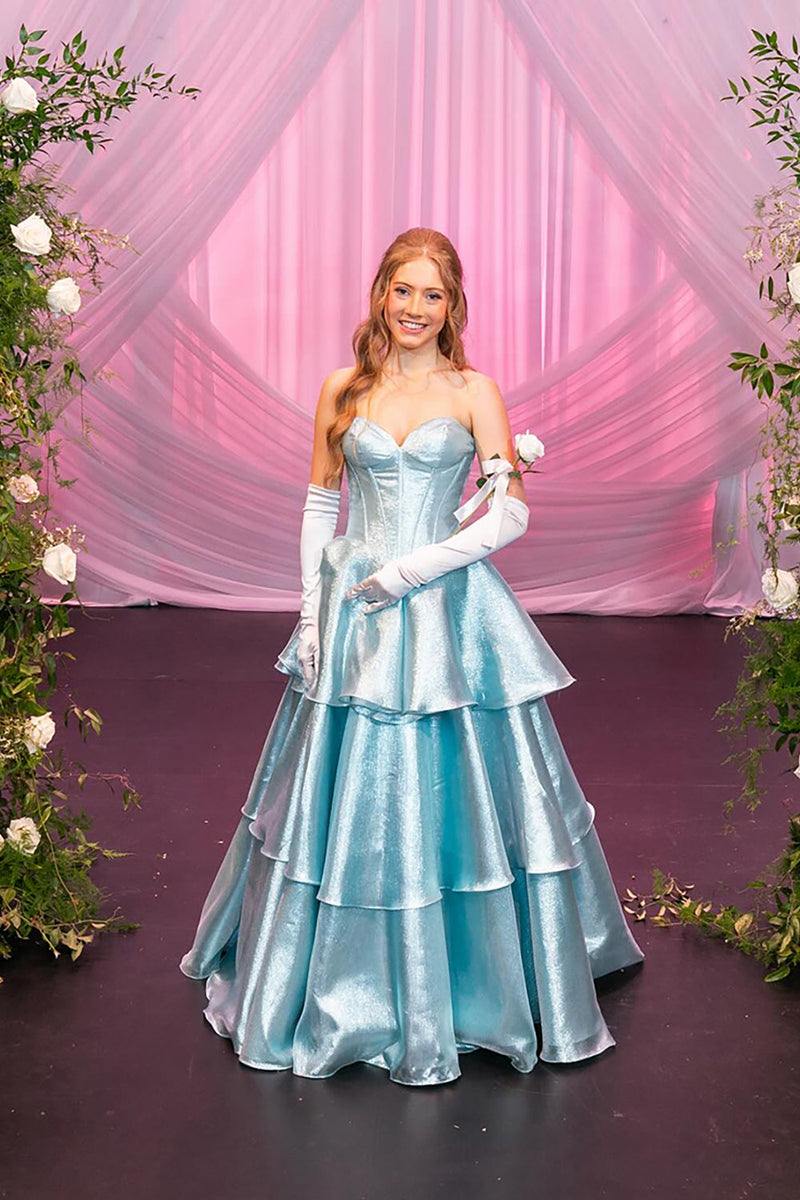 Load image into Gallery viewer, Sky Blue Ruffled A Line Sweetheart Long Corset Prom Dress