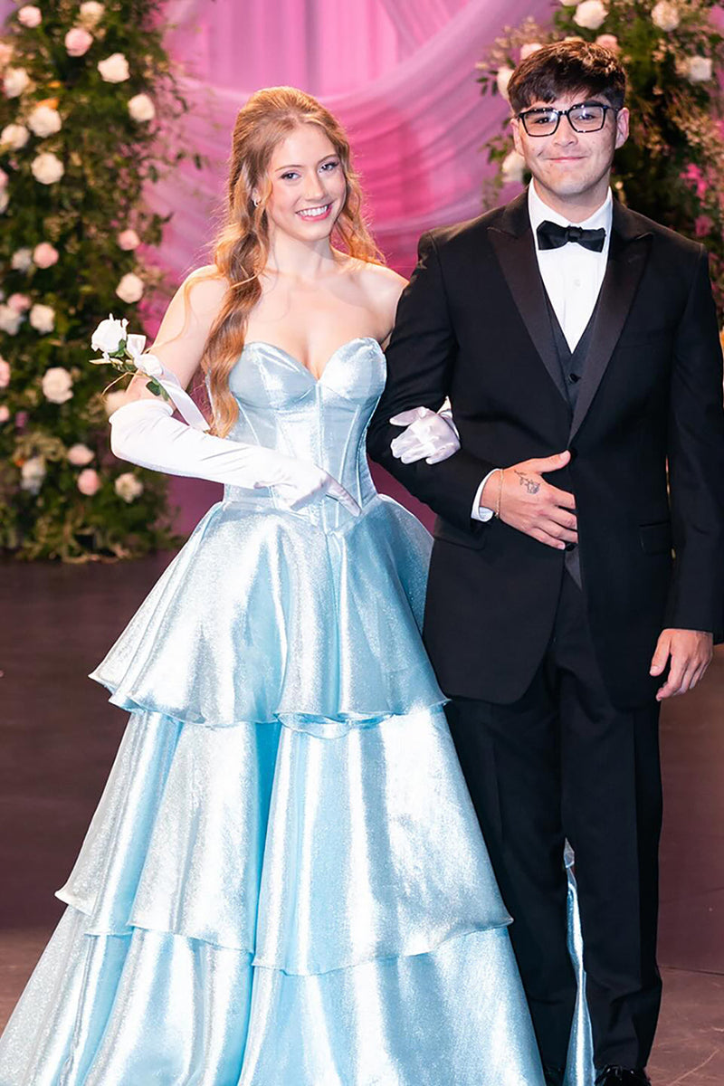 Load image into Gallery viewer, Sky Blue Ruffled A Line Sweetheart Long Corset Prom Dress