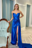 Load image into Gallery viewer, Royal Blue Ruched Long Sweetheart Prom Dress with Slit