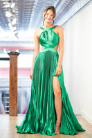 Load image into Gallery viewer, Sparkly Green Pleated Cut Out Metallic Long Prom Dress with Slit