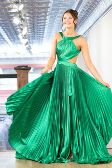 Sparkly Green Pleated Cut Out Metallic Long Prom Dress with Slit
