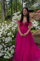Load image into Gallery viewer, Fuchsia Off the Shoulder A Line Long Tulle Prom Dress