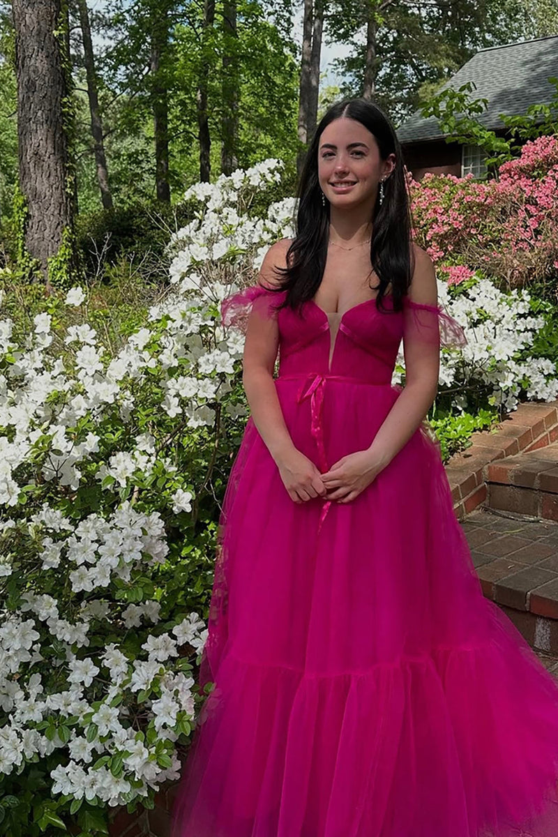 Load image into Gallery viewer, Fuchsia Off the Shoulder A Line Long Tulle Prom Dress