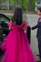 Load image into Gallery viewer, Fuchsia Off the Shoulder A Line Long Tulle Prom Dress