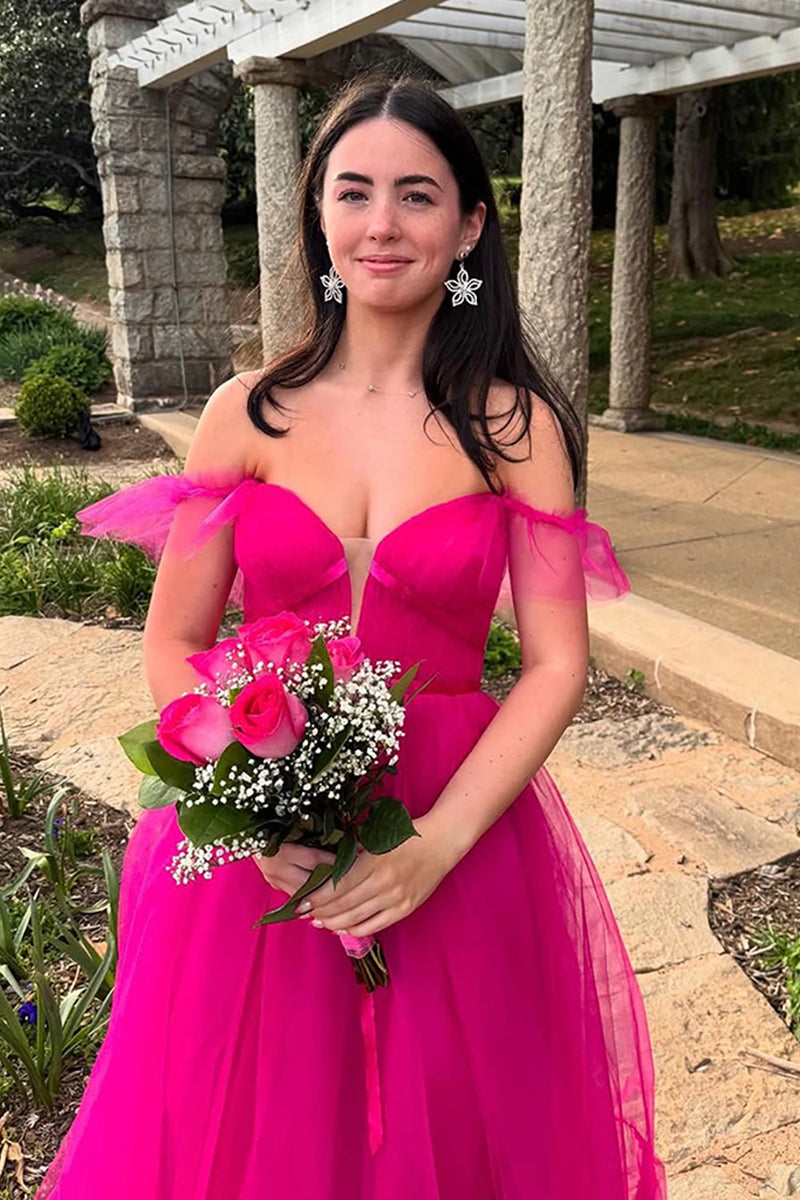 Load image into Gallery viewer, Fuchsia Off the Shoulder A Line Long Tulle Prom Dress