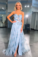 Load image into Gallery viewer, Blue Spaghetti Straps A Line Long Keyhole Prom Dress with Bows