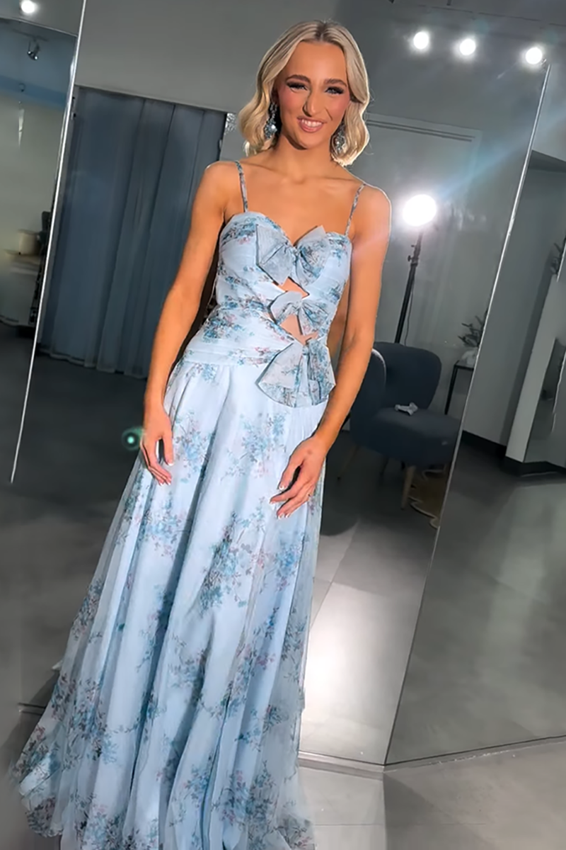 Load image into Gallery viewer, Blue Spaghetti Straps A Line Long Keyhole Prom Dress with Bows