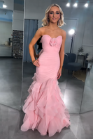 Load image into Gallery viewer, Pink Ruffled Mermaid Sweetheart Long Prom Dress with 3D Flower