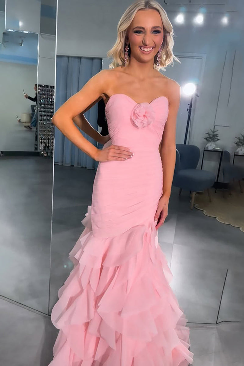 Load image into Gallery viewer, Pink Ruffled Mermaid Sweetheart Long Prom Dress with 3D Flower