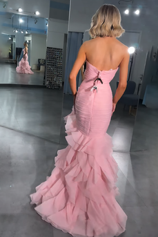 Pink Ruffled Mermaid Sweetheart Long Prom Dress with 3D Flower