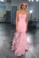 Load image into Gallery viewer, Pink Ruffled Mermaid Sweetheart Long Prom Dress with 3D Flower