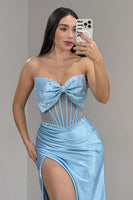Load image into Gallery viewer, Sparkly Light Blue Mermaid Strapless Long Corset Prom Dress with Bow