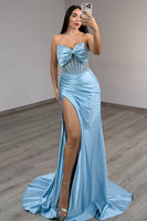 Load image into Gallery viewer, Sparkly Light Blue Mermaid Strapless Long Corset Prom Dress with Bow