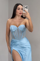Load image into Gallery viewer, Sparkly Light Blue Mermaid Strapless Long Corset Prom Dress with Bow