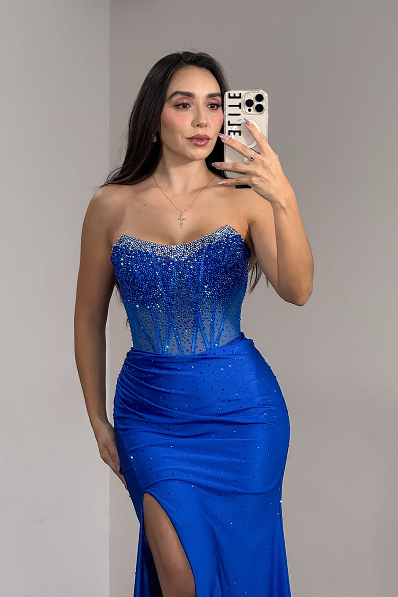 Load image into Gallery viewer, Sparkly Mermaid Royal Blue Strapless Long Corset Prom Dress with Slit