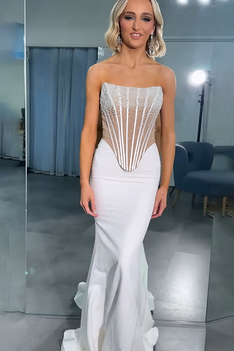 Load image into Gallery viewer, Sparkly White Strapless Mermaid Long Corset Prom Dress