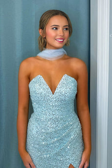 Sparkly Blue Sheath Long Sequin Prom Dress with Slit