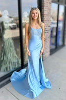 Load image into Gallery viewer, Light Blue Mermaid Spaghetti Straps Long Prom Dress