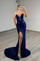 Load image into Gallery viewer, Sparkly Navy Mermaid V-Neck Long Prom Dress with Slit