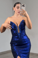 Load image into Gallery viewer, Sparkly Navy Mermaid V-Neck Long Prom Dress with Slit