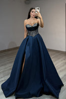 Load image into Gallery viewer, Navy Ball Gown Sweetheart Long Corset Prom Dress with Slit