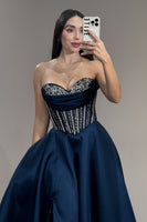 Load image into Gallery viewer, Navy Ball Gown Sweetheart Long Corset Prom Dress with Slit
