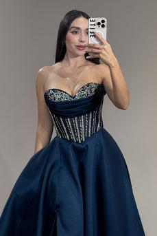 Navy Ball Gown Sweetheart Long Corset Prom Dress with Slit