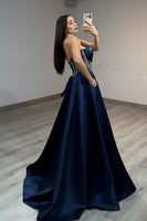 Load image into Gallery viewer, Navy Ball Gown Sweetheart Long Corset Prom Dress with Slit