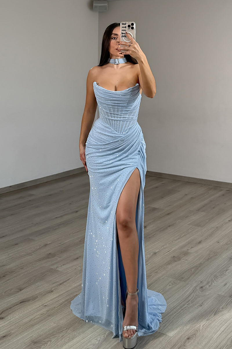 Load image into Gallery viewer, Light Blue Sheath Strapless Long Prom Dress with Slit