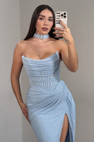 Load image into Gallery viewer, Light Blue Sheath Strapless Long Prom Dress with Slit