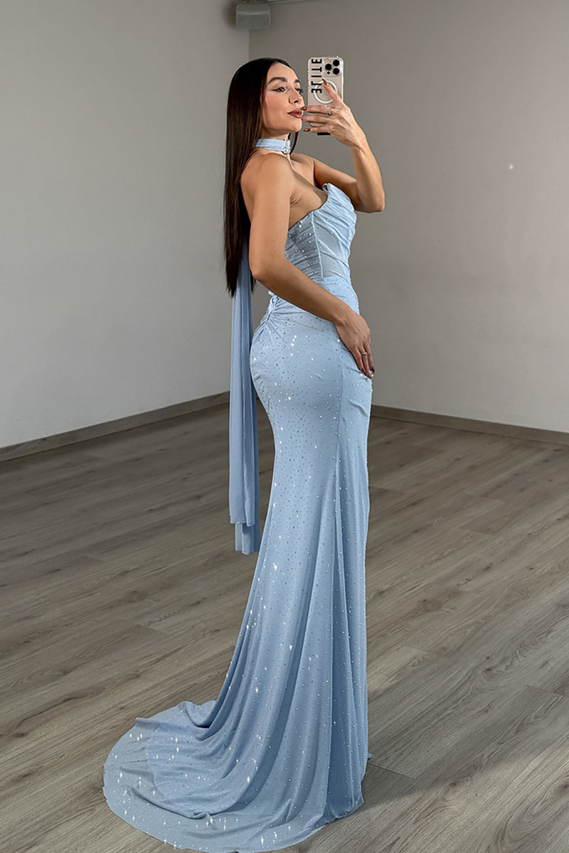 Load image into Gallery viewer, Light Blue Sheath Strapless Long Prom Dress with Slit