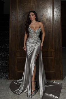 Sparkly Gold Mermaid Long Corset Evening Dress with Side Cape