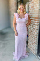 Load image into Gallery viewer, Sparkly Pink Mermaid Square Neck Long Prom Dress with Ruffles