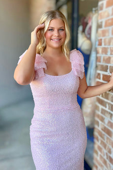 Sparkly Pink Mermaid Square Neck Long Prom Dress with Ruffles