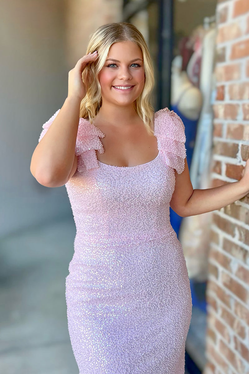 Load image into Gallery viewer, Sparkly Pink Mermaid Square Neck Long Prom Dress with Ruffles