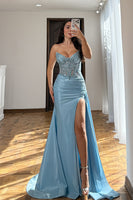 Load image into Gallery viewer, Sparkly Light Blue Mermaid Strapless Long Prom Dress with Slit