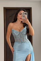 Load image into Gallery viewer, Sparkly Light Blue Mermaid Strapless Long Prom Dress with Slit