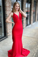 Load image into Gallery viewer, Red Mermaid V-Neck Long Backless Prom Dress