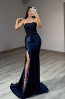 Load image into Gallery viewer, Navy Mermaid Strapless Long Evening Dress with Slit