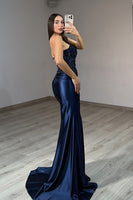 Load image into Gallery viewer, Navy Mermaid Strapless Long Evening Dress with Slit