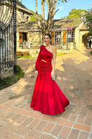 Load image into Gallery viewer, Red One Shoulder Cut Out Mermaid Long Evening Dress