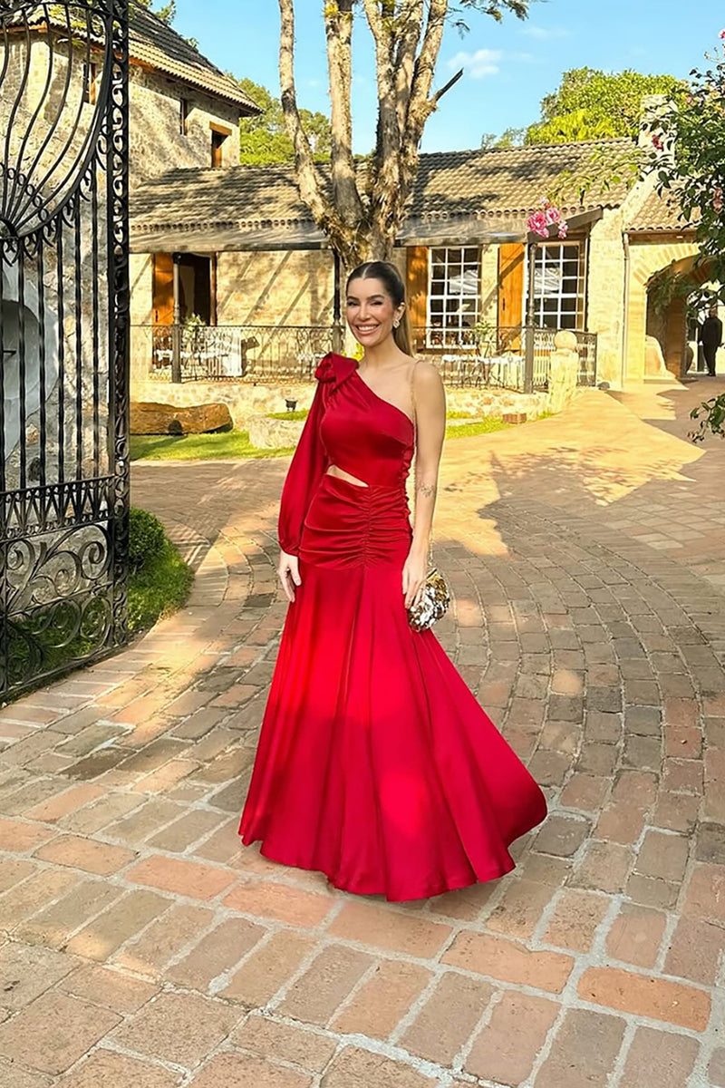 Load image into Gallery viewer, Red One Shoulder Cut Out Mermaid Long Evening Dress
