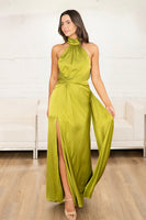 Load image into Gallery viewer, Olive Sheath Halter Long Prom Dress with Slit