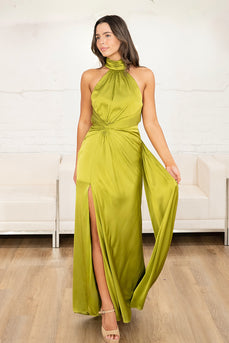 Olive Sheath Halter Long Prom Dress with Slit