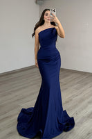 Load image into Gallery viewer, Navy Mermaid Strapless Long Evening Dress