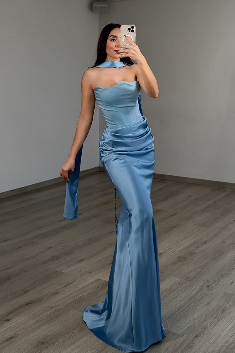 Load image into Gallery viewer, Red Neck Scarf Mermaid Satin Long Evening Dress