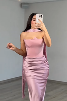 Load image into Gallery viewer, Red Neck Scarf Mermaid Satin Long Evening Dress