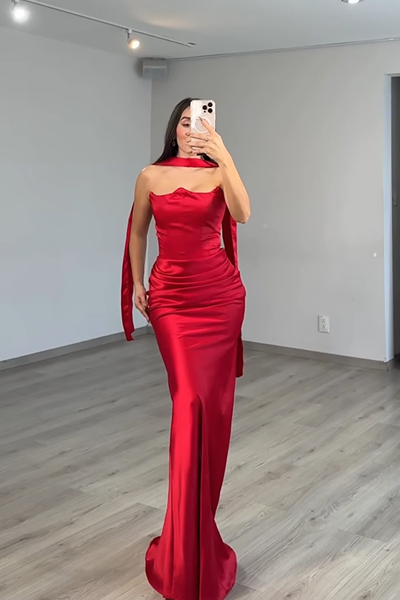 Load image into Gallery viewer, Red Neck Scarf Mermaid Satin Long Evening Dress