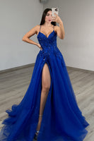 Load image into Gallery viewer, Sparkly Royal Blue Spaghetti Straps A-Line Long Prom Dress with Slit